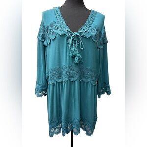 Roman’s Teal Boho Lace-Trim Tunic Top - Plus Size 18/20  Intricate Crochet